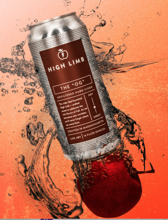 A can of 'High Limb The OG' unfiltered hard cider with a metallic design and details indicating it's dry and sweet, surrounded by splashing water on an orange background.